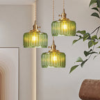Vintage pendant lamp with ribbed glass shade and gold finish