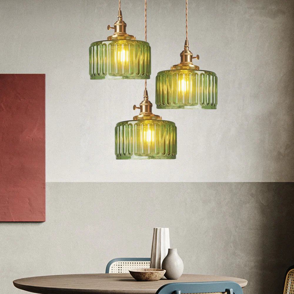 Vintage pendant lamp with ribbed glass shade and gold finish