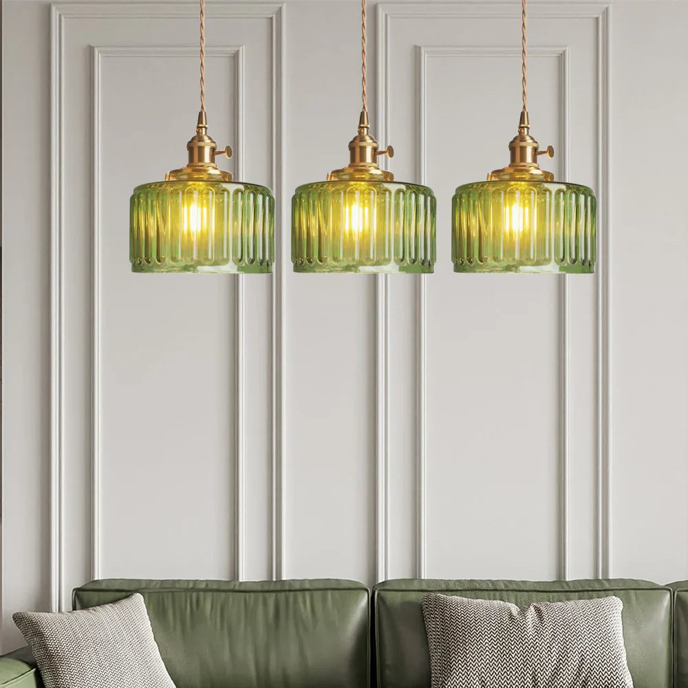 Vintage pendant lamp with ribbed glass shade and gold finish
