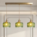 Vintage pendant lamp with ribbed glass shade and gold finish
