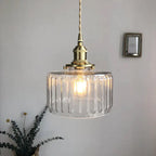 Vintage pendant lamp with ribbed glass shade and gold finish