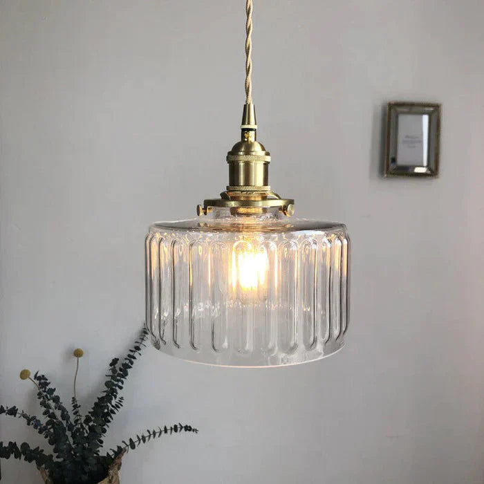 Vintage pendant lamp with ribbed glass shade and gold finish