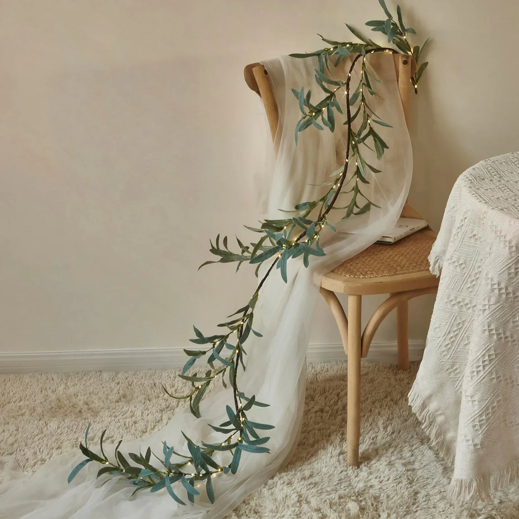 LED Garland with Olive Leaves – Decorative Light Garland for Fireplace, Door, or Wall