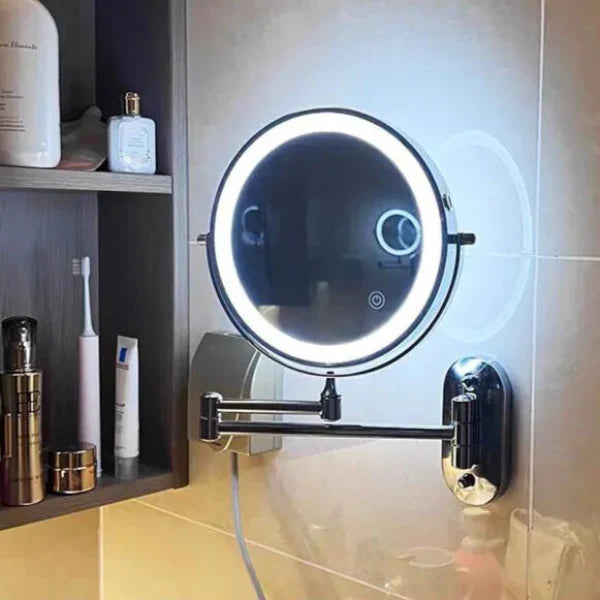 Wall-mounted cosmetic mirror with LED lighting and magnification