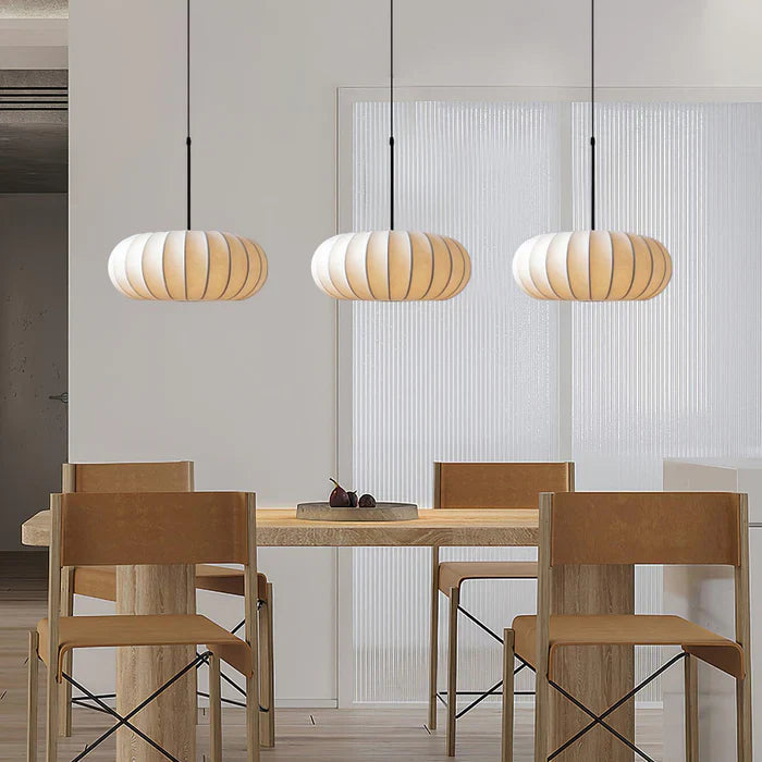 Ceiling lamp with silk shade in Japanese wabi-sabi style – oval shade with delicate ribbing