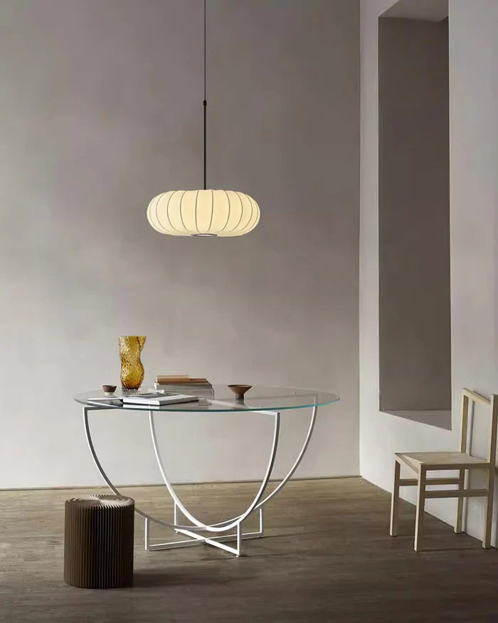 Ceiling lamp with silk shade in Japanese wabi-sabi style – oval shade with delicate ribbing