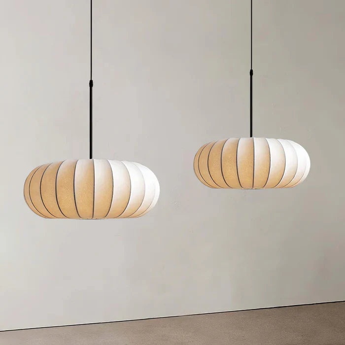 Ceiling lamp with silk shade in Japanese wabi-sabi style – oval shade with delicate ribbing
