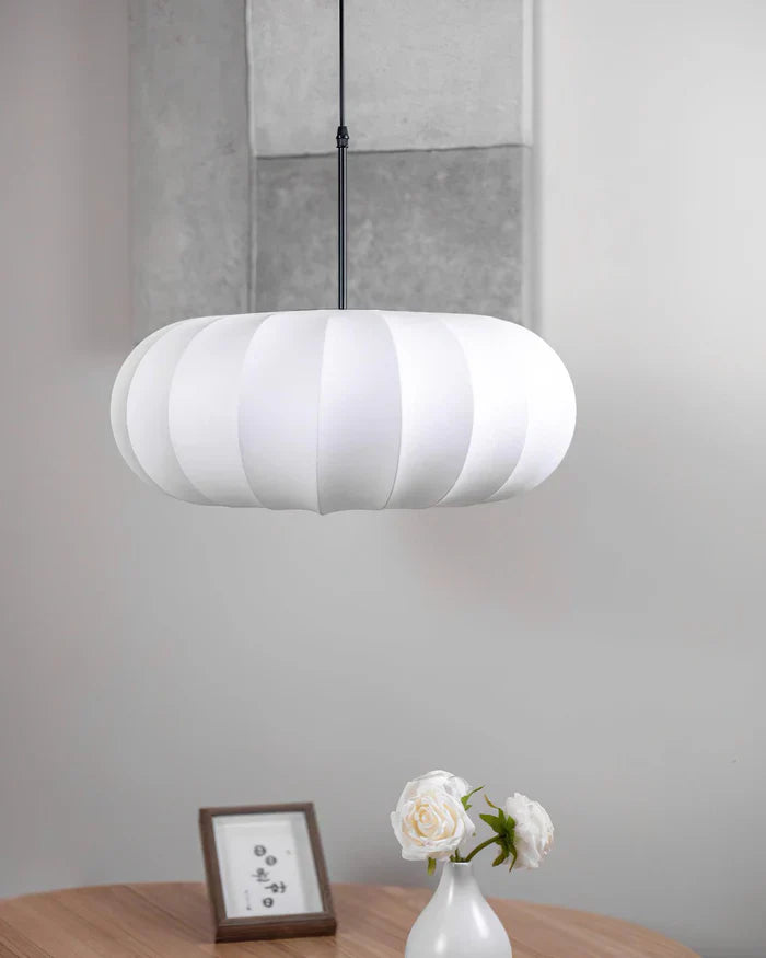 Ceiling lamp with silk shade in Japanese wabi-sabi style – oval shade with delicate ribbing