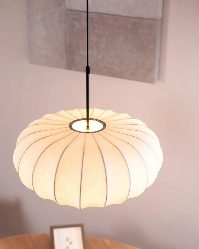 Ceiling lamp with silk shade in Japanese wabi-sabi style – oval shade with delicate ribbing