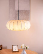 Ceiling lamp with silk shade in Japanese wabi-sabi style – oval shade with delicate ribbing