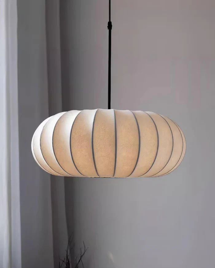 Ceiling lamp with silk shade in Japanese wabi-sabi style – oval shade with delicate ribbing