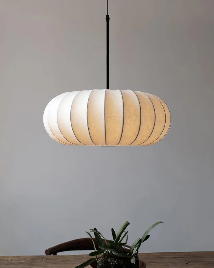 Ceiling lamp with silk shade in Japanese wabi-sabi style – oval shade with delicate ribbing