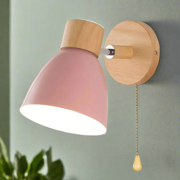 Modern wall lamp with a wooden base and metal shade